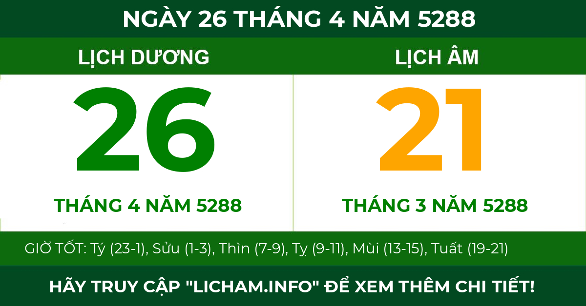 lịch âm ngày 26 tháng 4 năm 5288