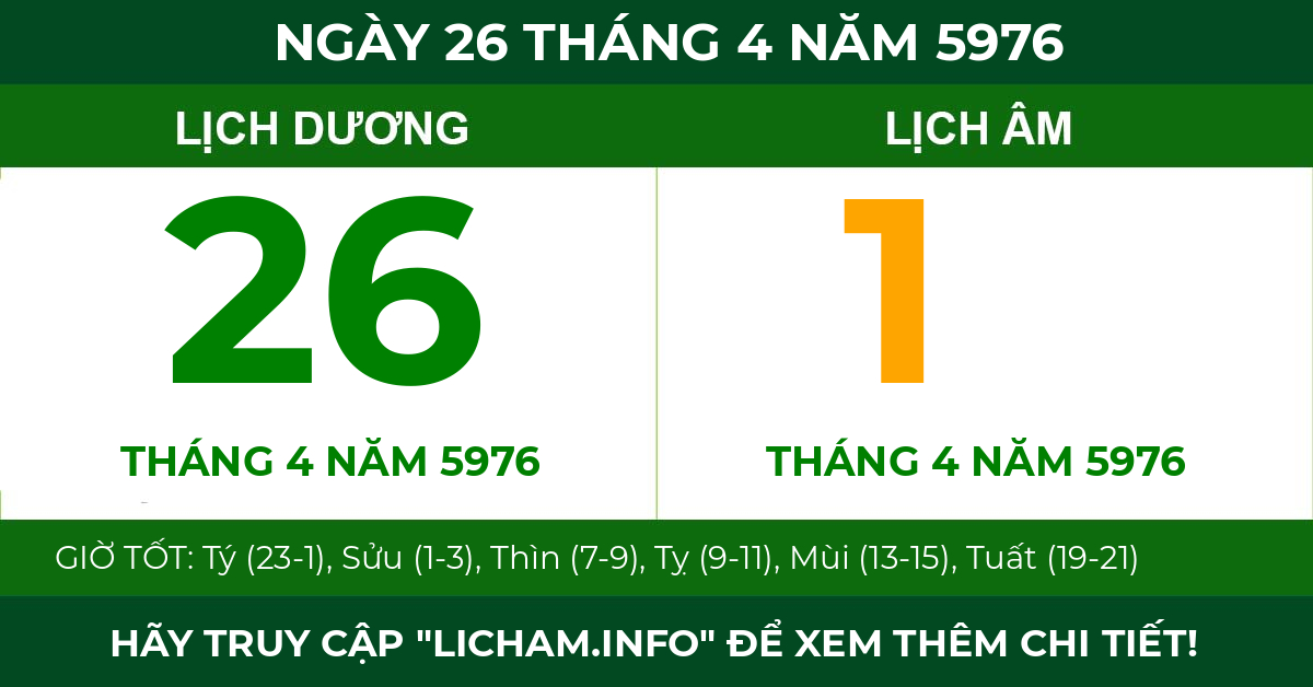 lịch âm ngày 26 tháng 4 năm 5976