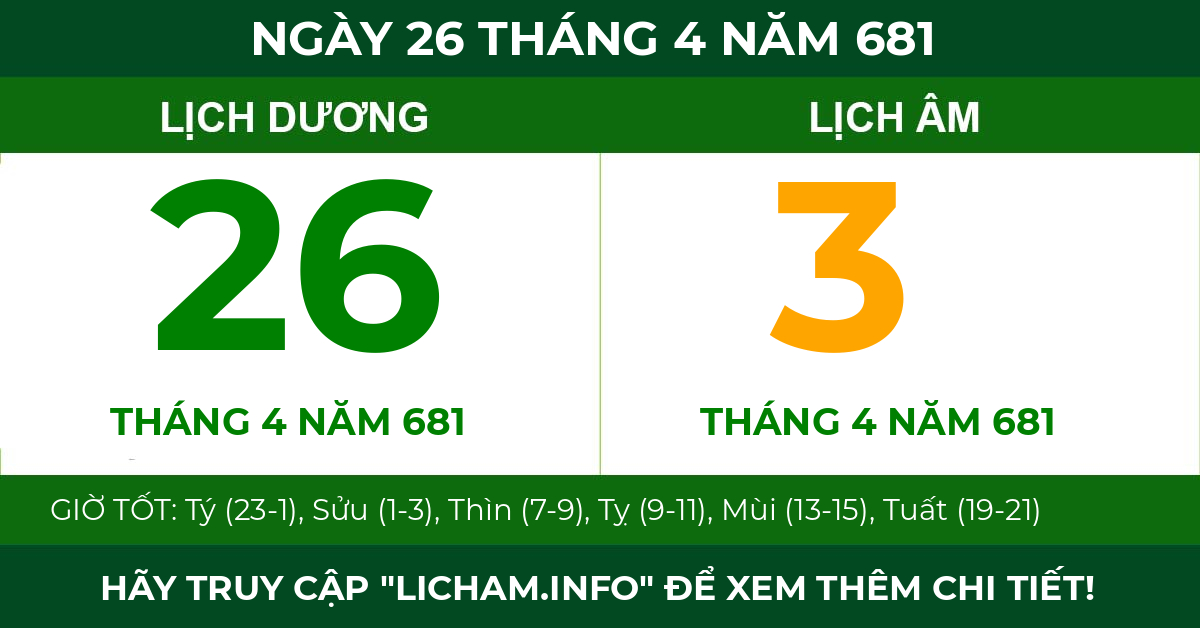 lịch âm ngày 26 tháng 4 năm 681