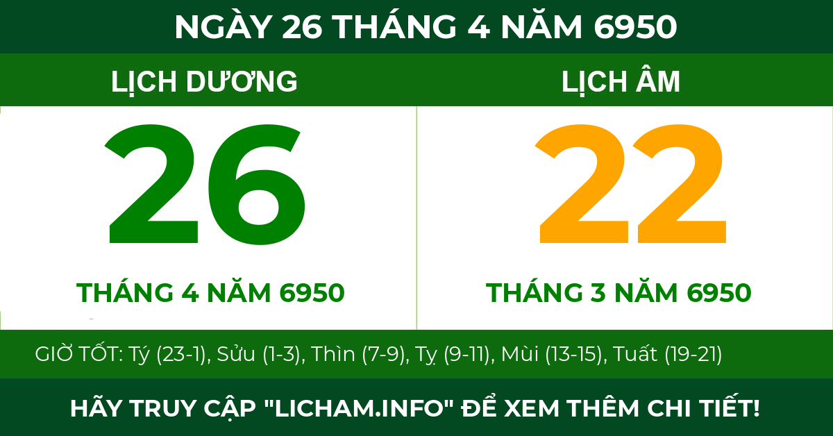 lịch âm ngày 26 tháng 4 năm 6950