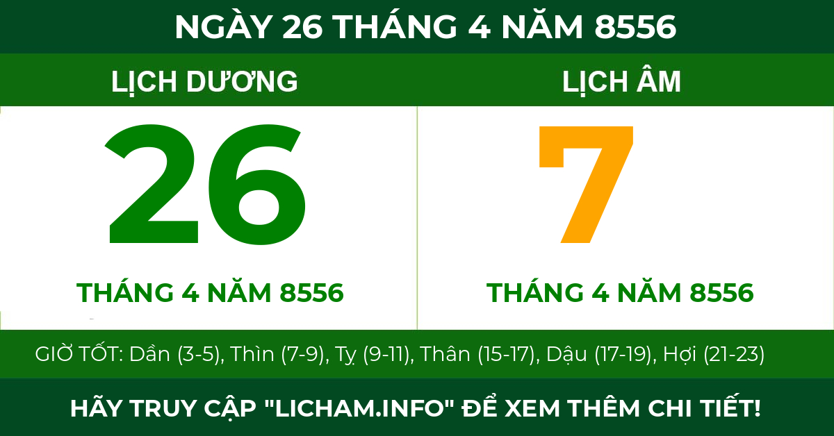 lịch âm ngày 26 tháng 4 năm 8556
