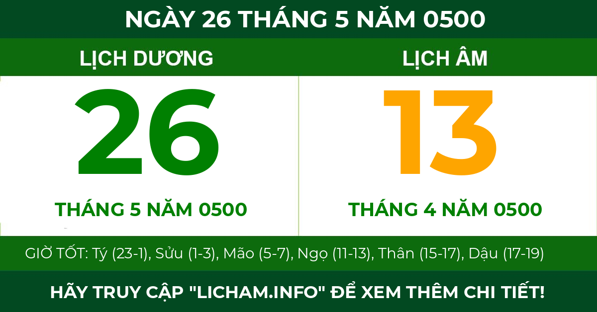 lịch âm ngày 26 tháng 5 năm 0500