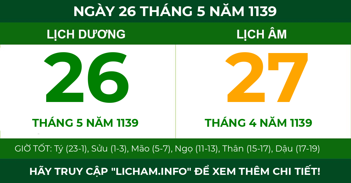 lịch âm ngày 26 tháng 5 năm 1139