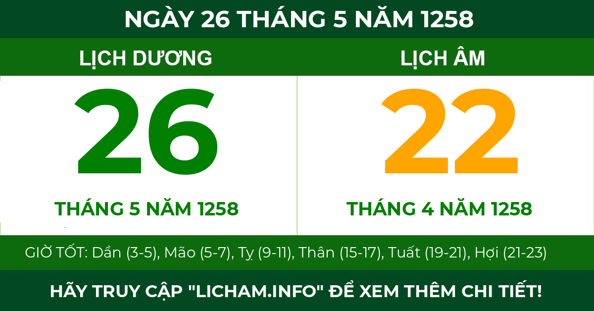 lịch âm ngày 26 tháng 5 năm 1258