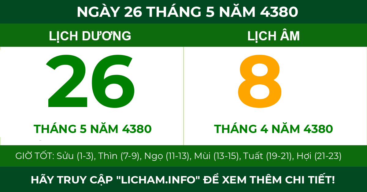 lịch âm ngày 26 tháng 5 năm 4380