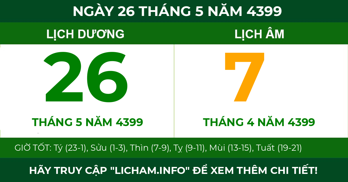 lịch âm ngày 26 tháng 5 năm 4399