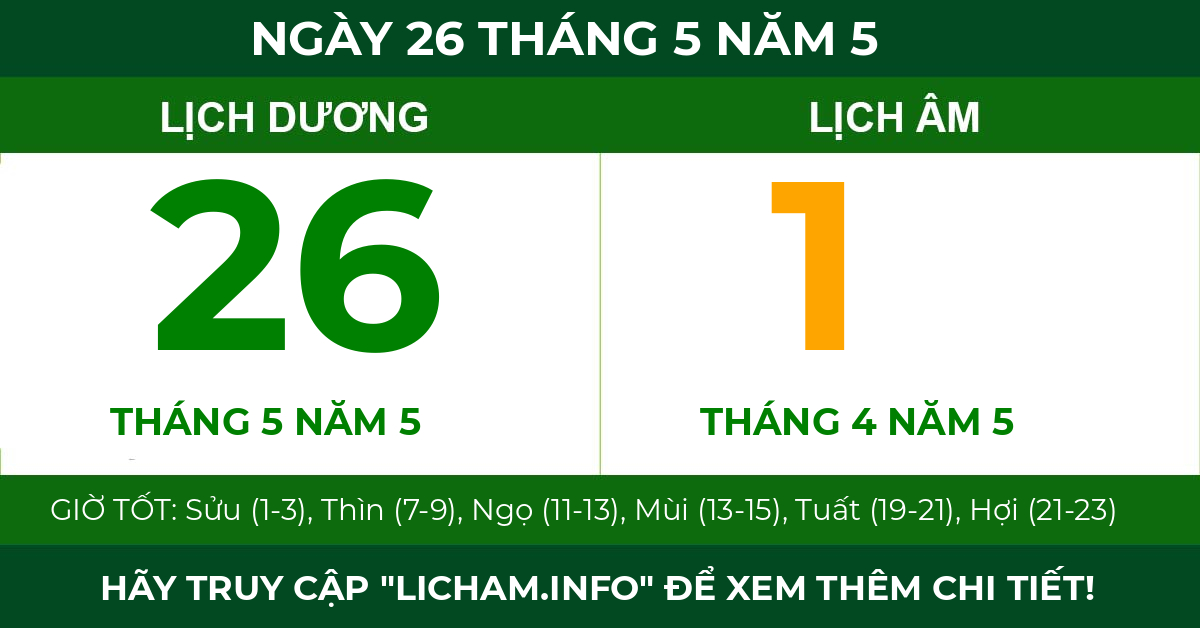 lịch âm ngày 26 tháng 5 năm 5