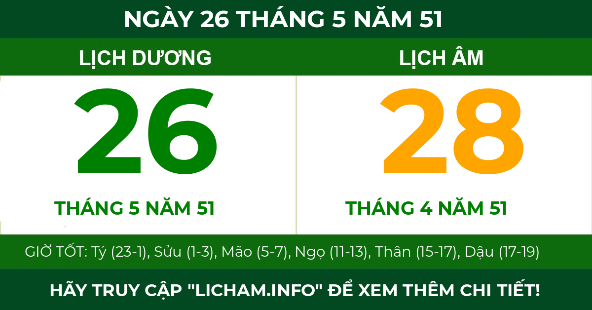 lịch âm ngày 26 tháng 5 năm 51