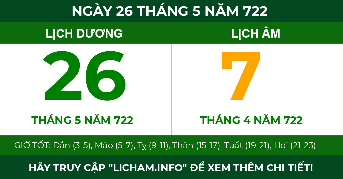 lịch âm ngày 26 tháng 5 năm 722