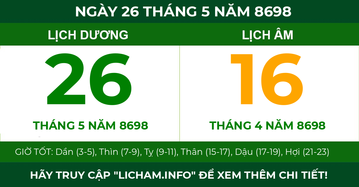 lịch âm ngày 26 tháng 5 năm 8698