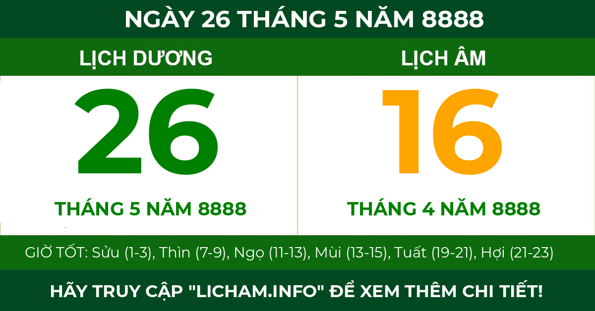 lịch âm ngày 26 tháng 5 năm 8888