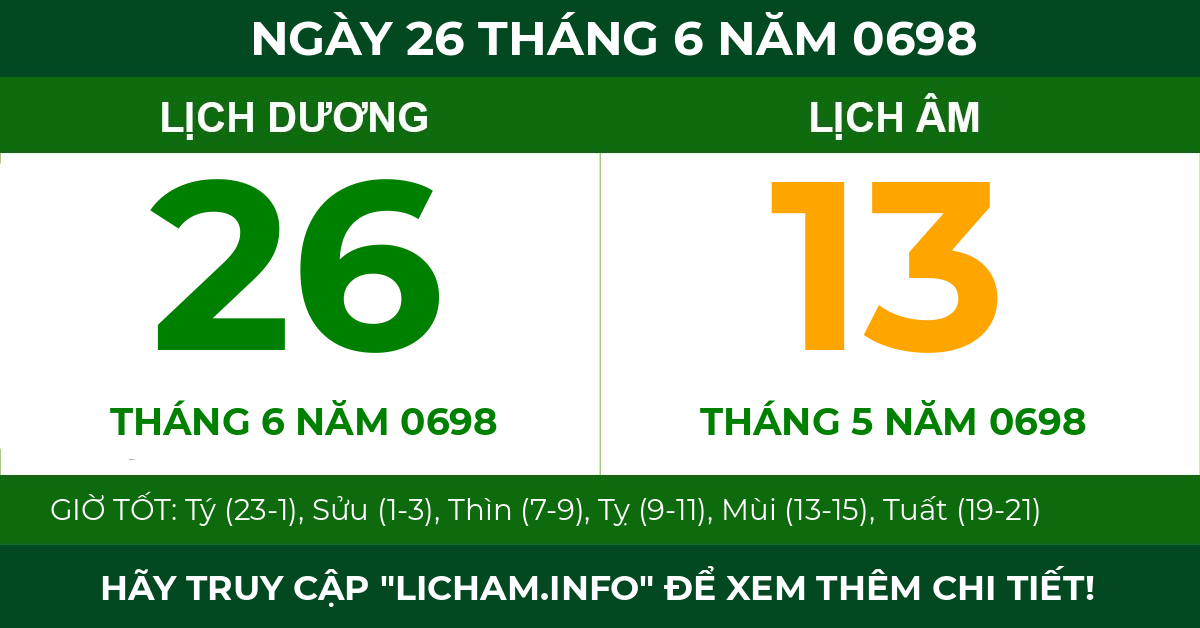 lịch âm ngày 26 tháng 6 năm 0698