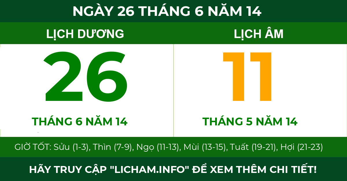 lịch âm ngày 26 tháng 6 năm 14