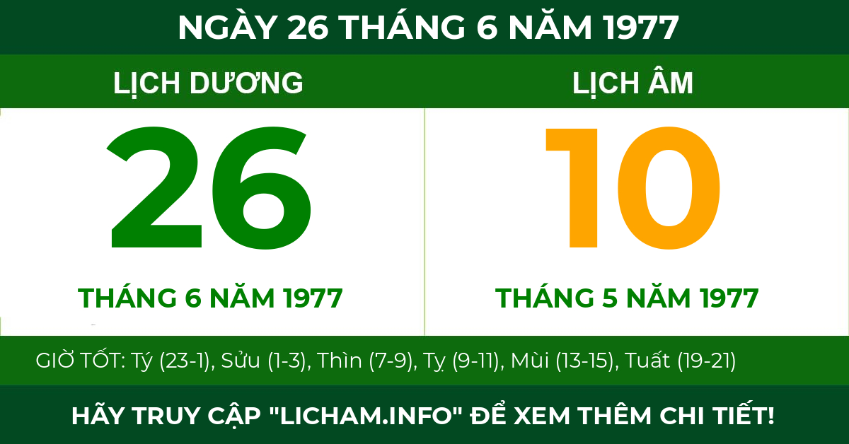lịch âm ngày 26 tháng 6 năm 1977