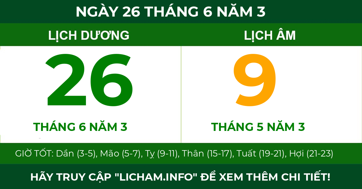 lịch âm ngày 26 tháng 6 năm 3