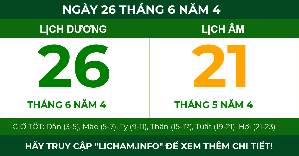 lịch âm ngày 26 tháng 6 năm 4