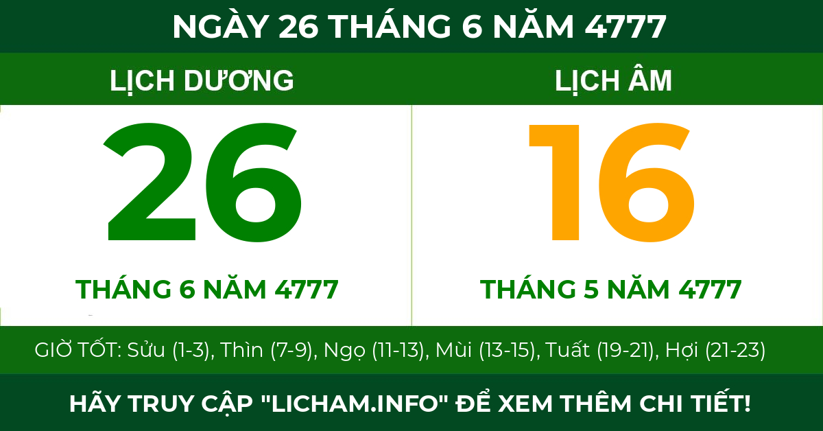 lịch âm ngày 26 tháng 6 năm 4777