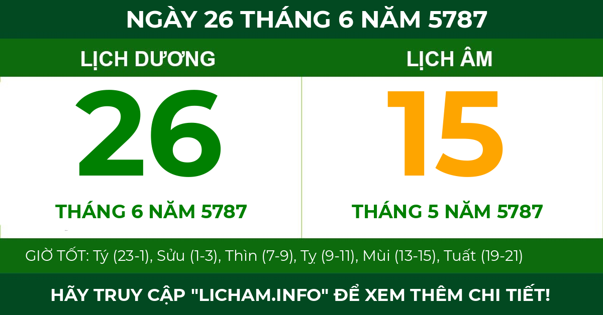 lịch âm ngày 26 tháng 6 năm 5787
