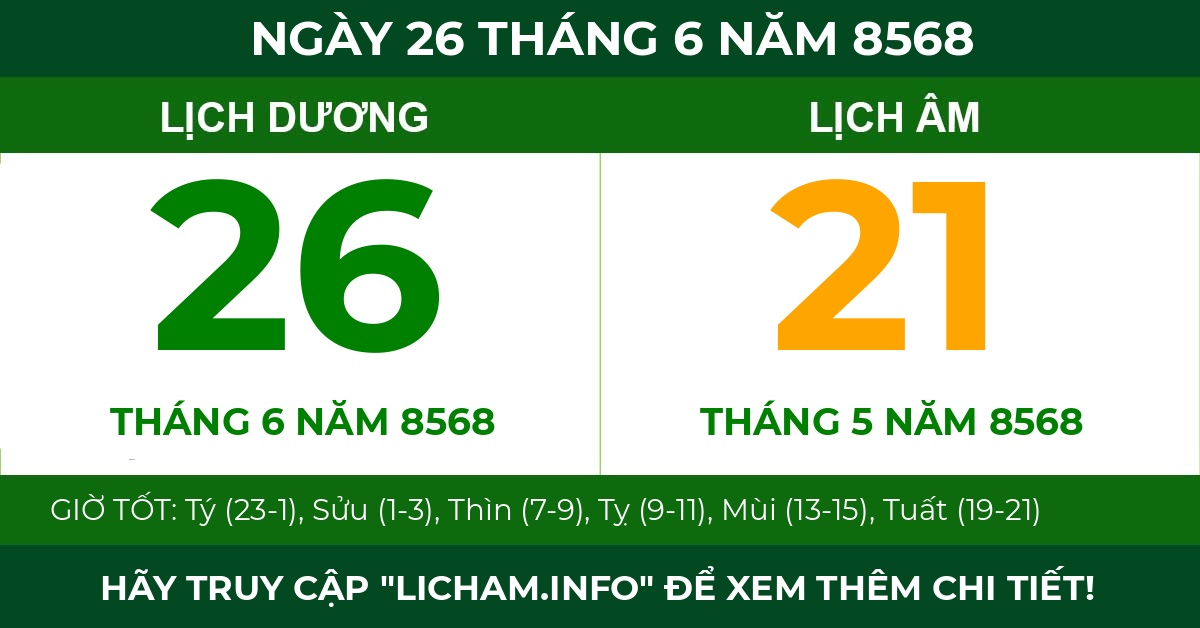 lịch âm ngày 26 tháng 6 năm 8568