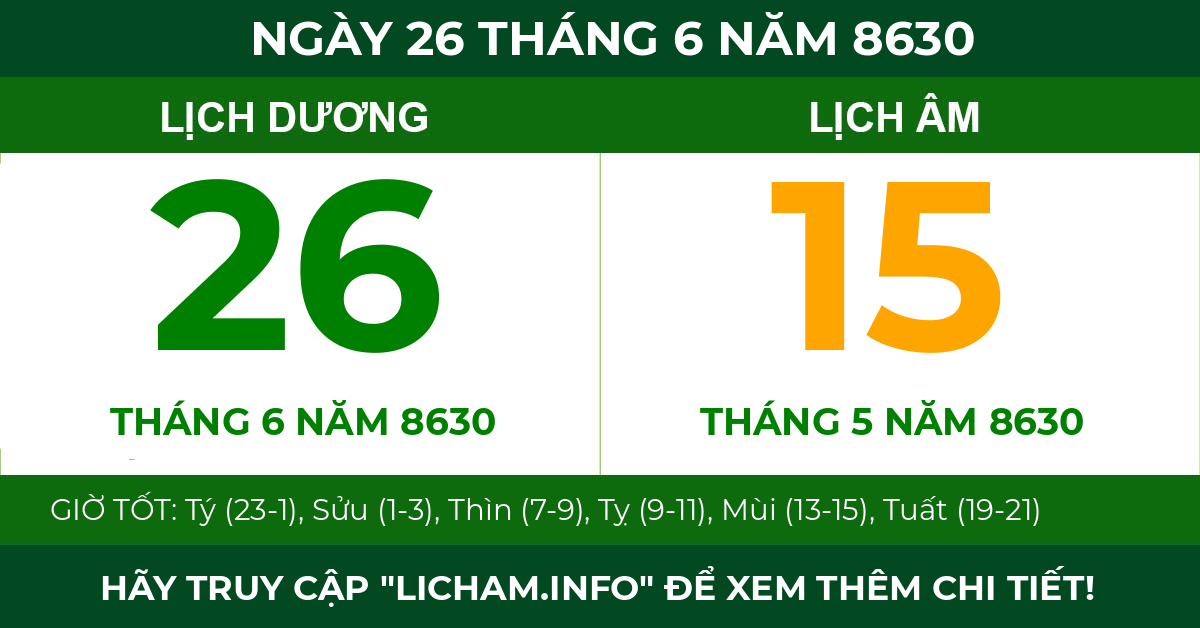 lịch âm ngày 26 tháng 6 năm 8630