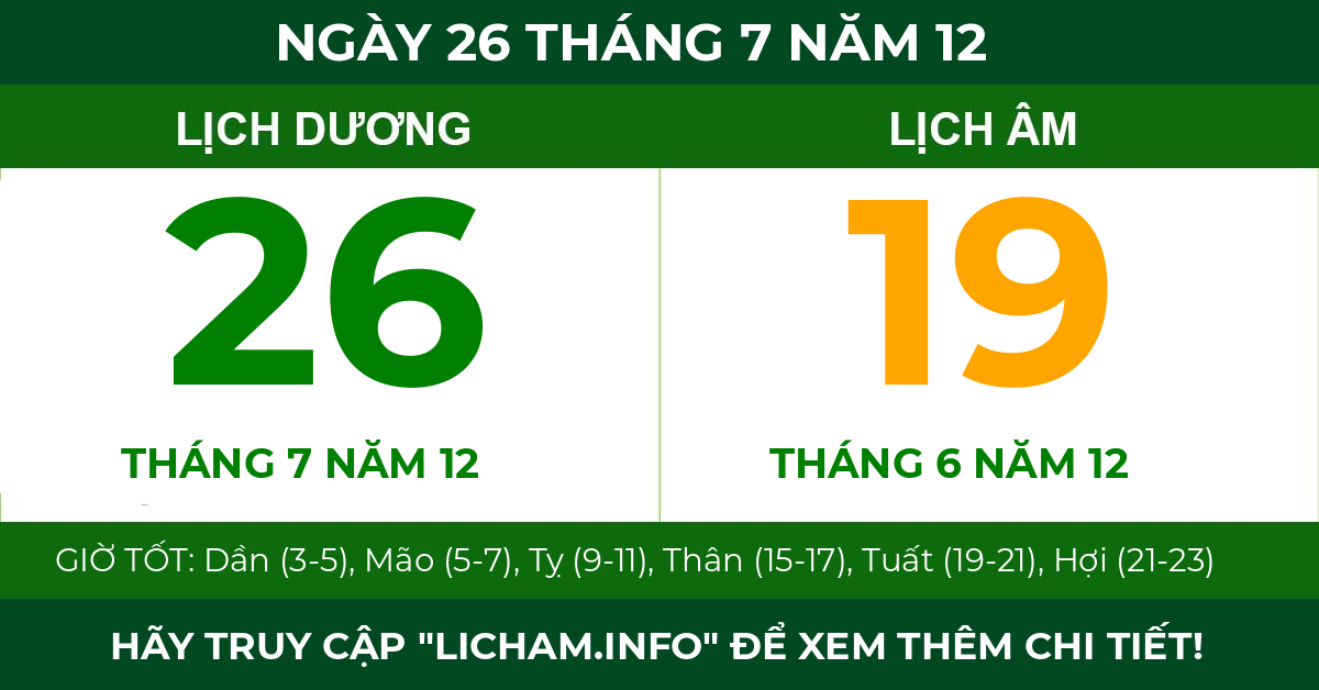 lịch âm ngày 26 tháng 7 năm 12