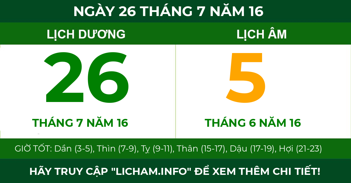 lịch âm ngày 26 tháng 7 năm 16