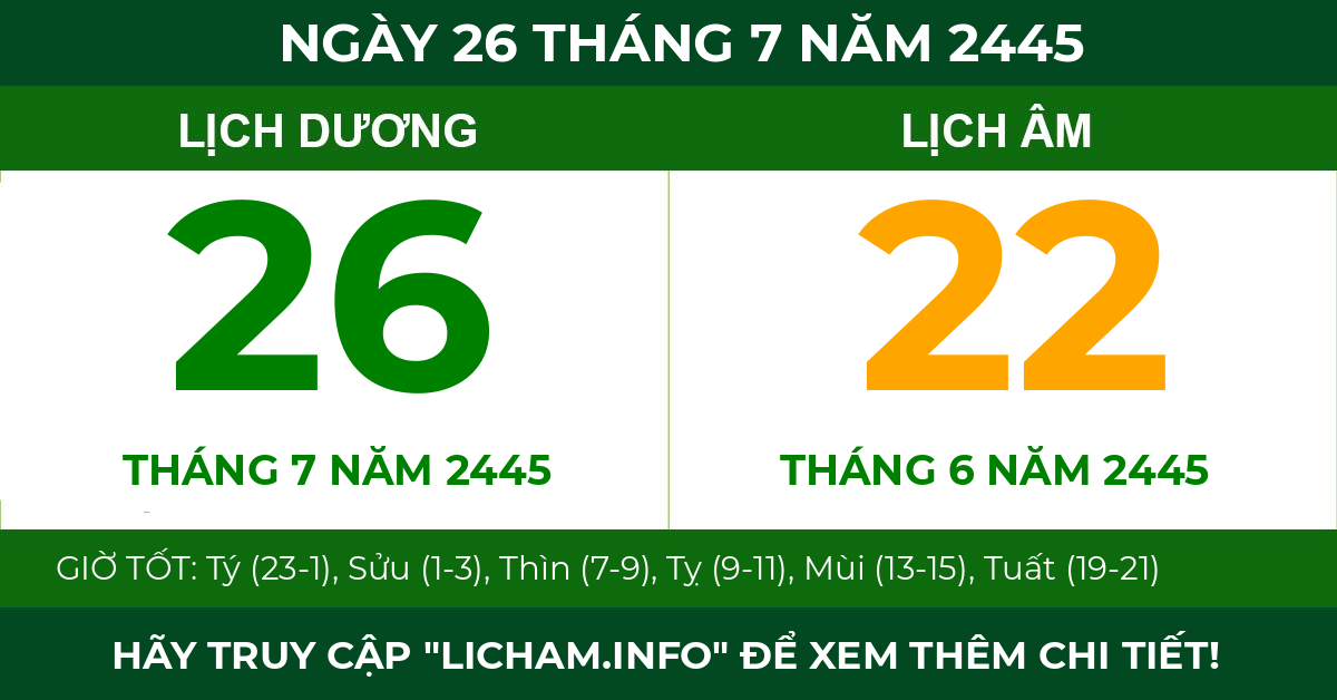 lịch âm ngày 26 tháng 7 năm 2445