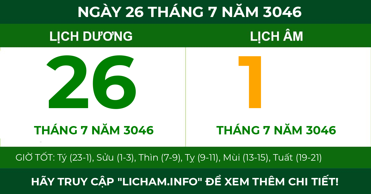 lịch âm ngày 26 tháng 7 năm 3046