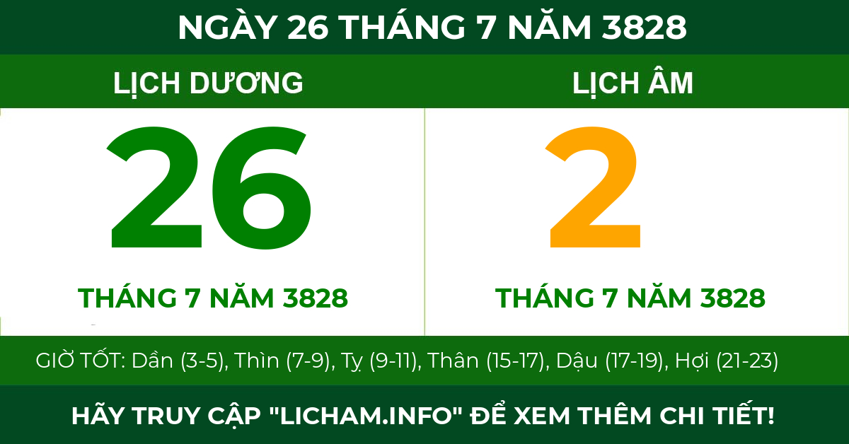 lịch âm ngày 26 tháng 7 năm 3828