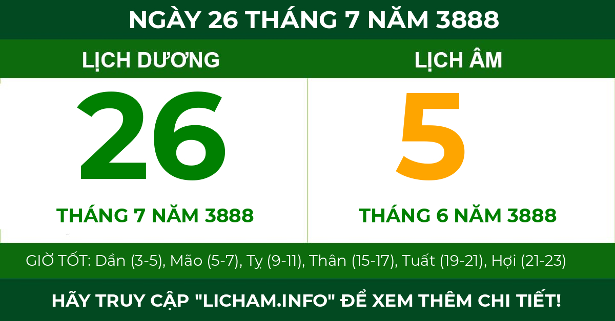 lịch âm ngày 26 tháng 7 năm 3888