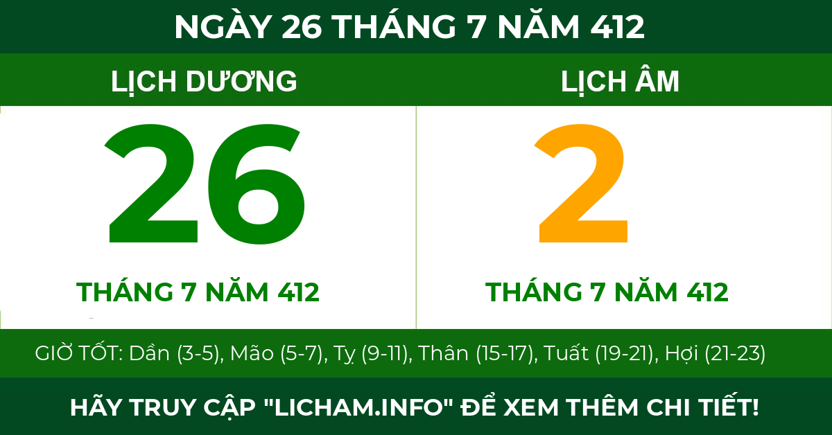 lịch âm ngày 26 tháng 7 năm 412