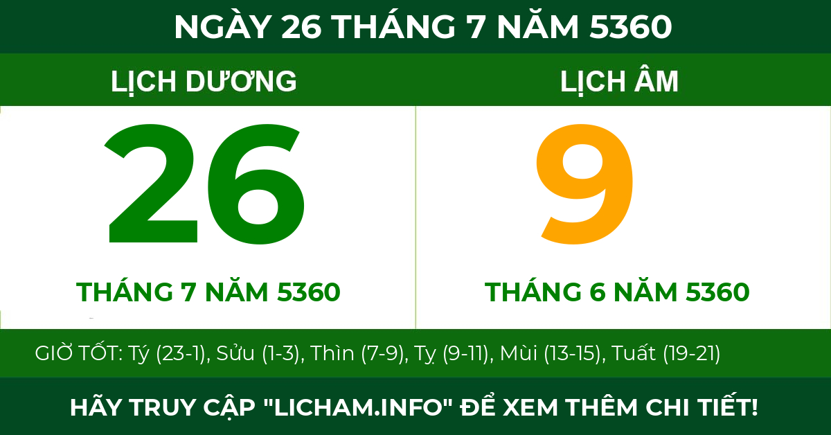 lịch âm ngày 26 tháng 7 năm 5360
