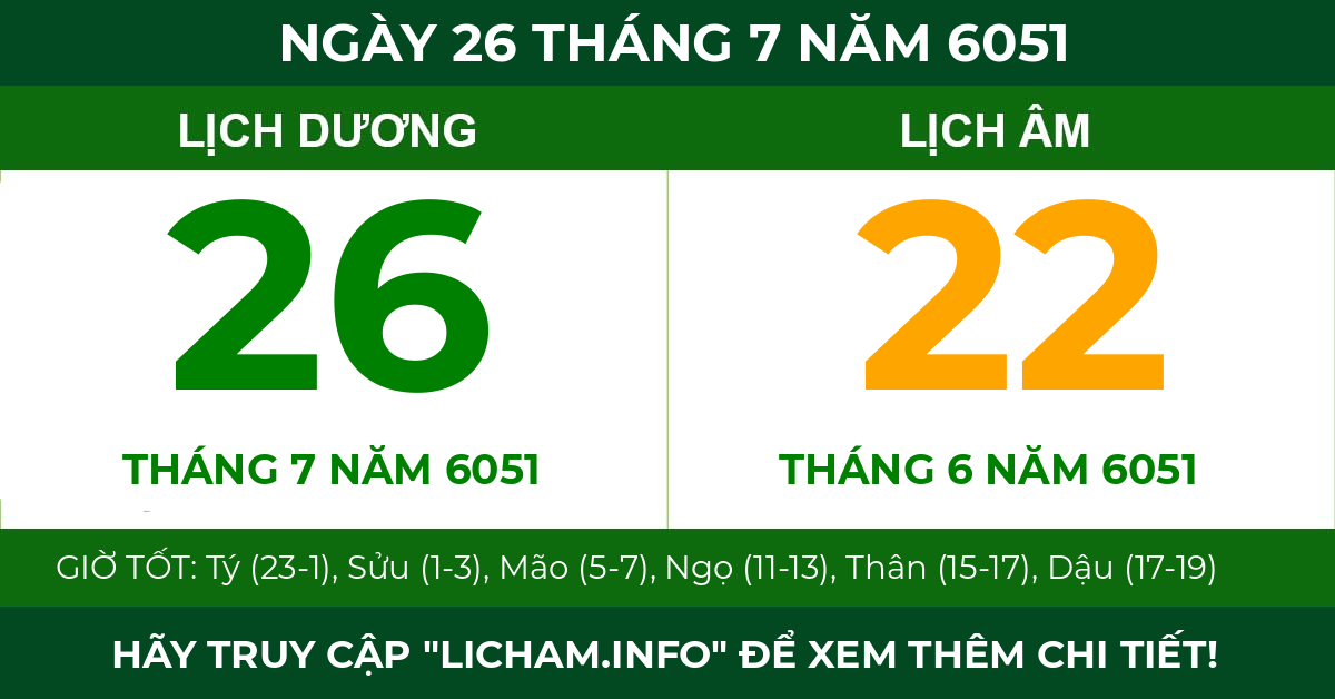 lịch âm ngày 26 tháng 7 năm 6051
