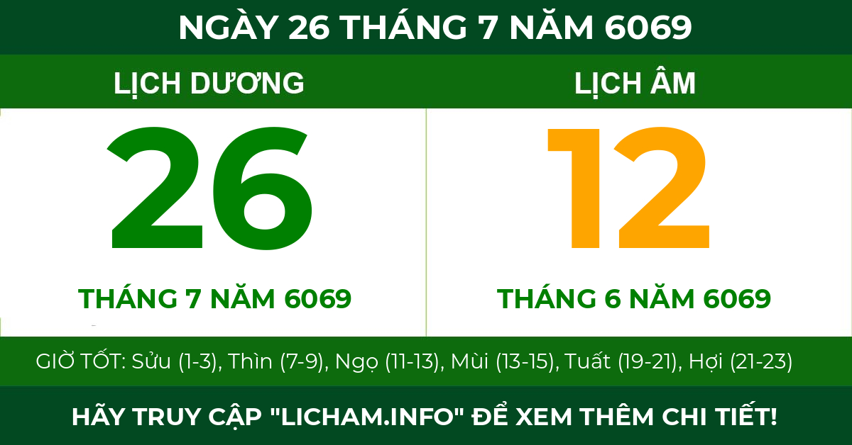 lịch âm ngày 26 tháng 7 năm 6069