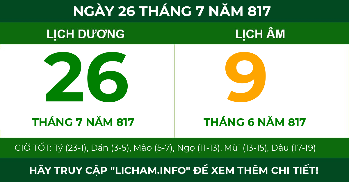 lịch âm ngày 26 tháng 7 năm 817
