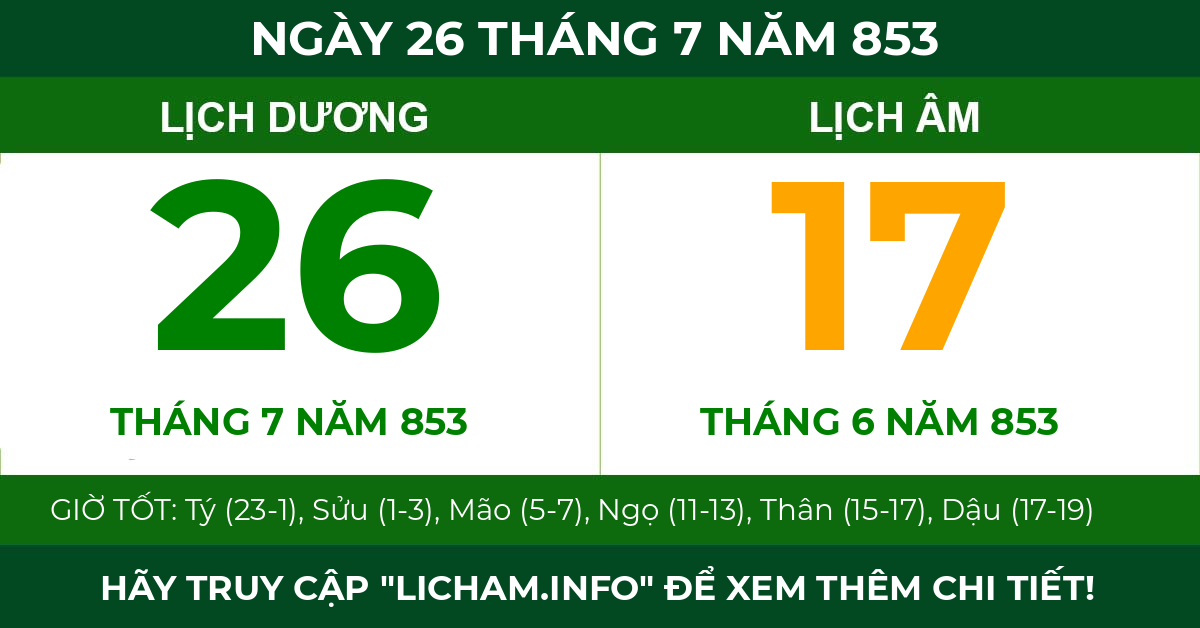 lịch âm ngày 26 tháng 7 năm 853