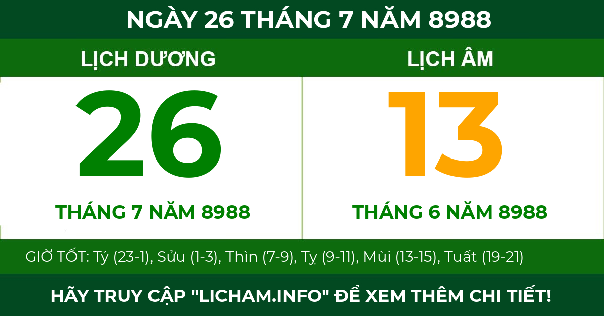 lịch âm ngày 26 tháng 7 năm 8988