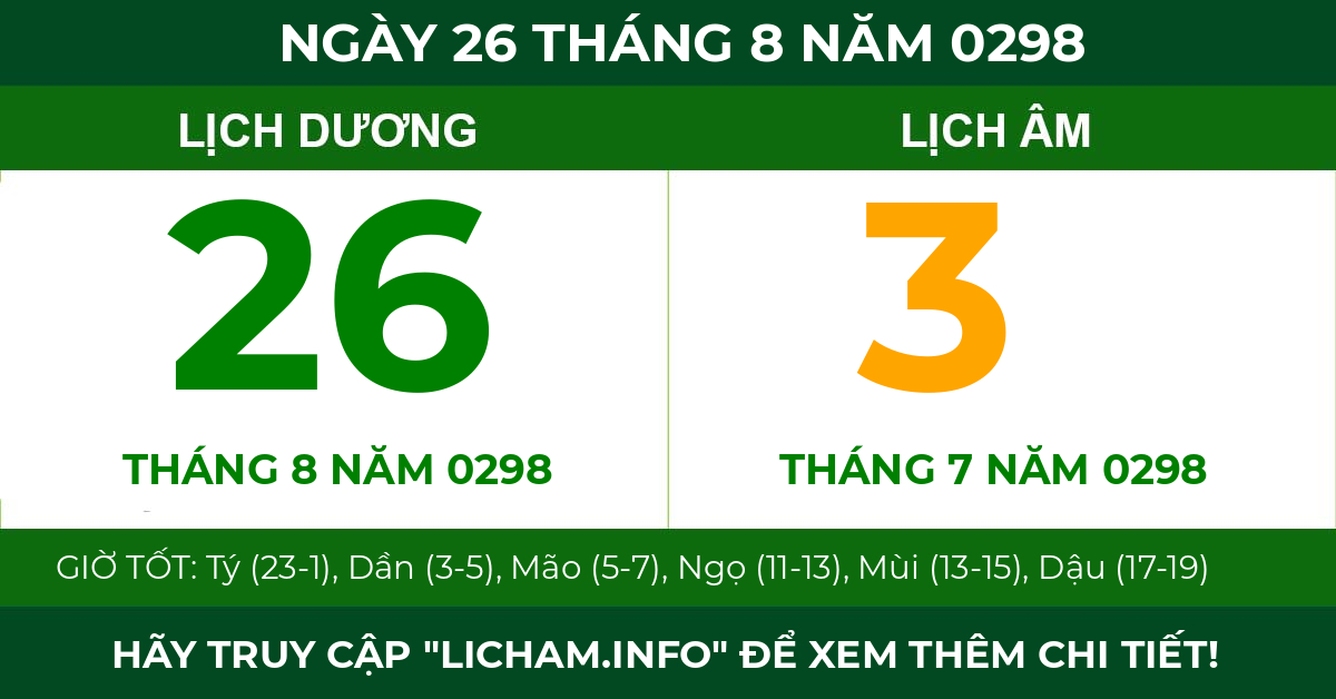 lịch âm ngày 26 tháng 8 năm 0298