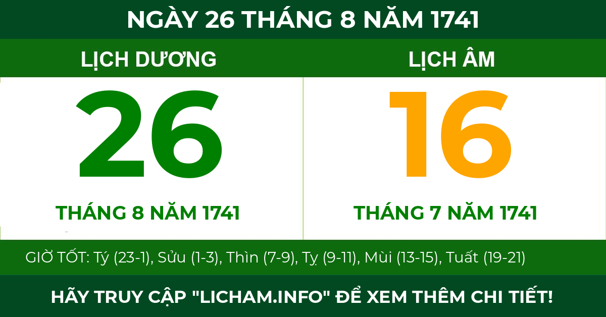 lịch âm ngày 26 tháng 8 năm 1741