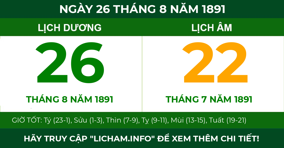 lịch âm ngày 26 tháng 8 năm 1891