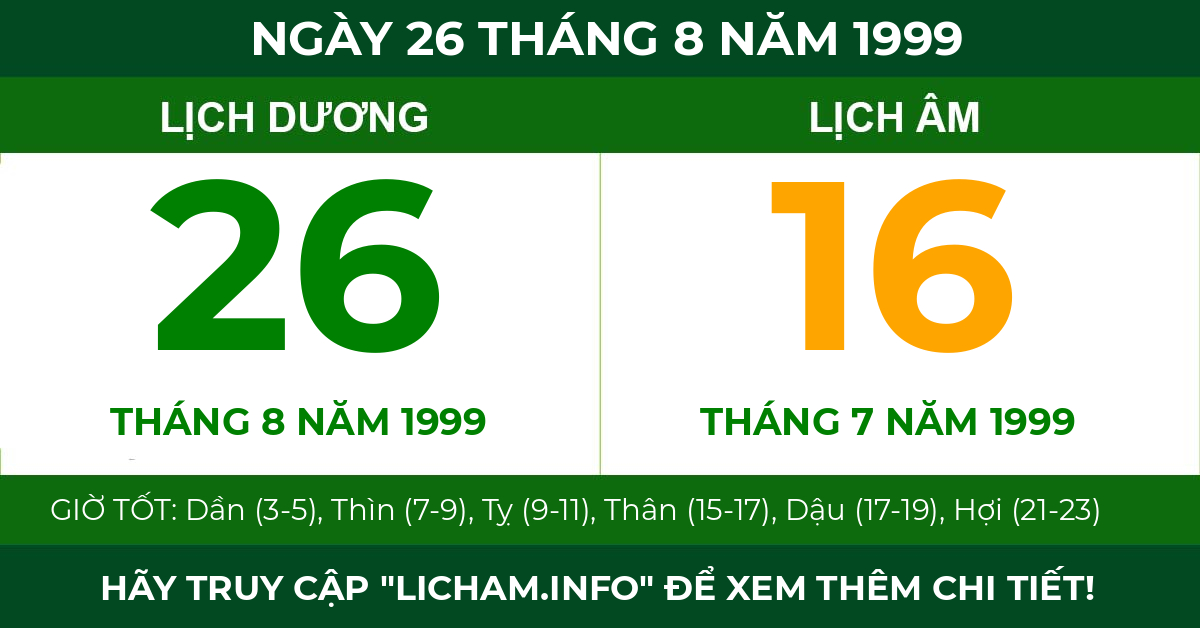 lịch âm ngày 26 tháng 8 năm 1999