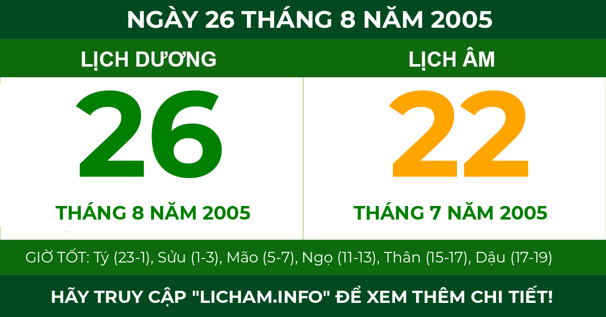 lịch âm ngày 26 tháng 8 năm 2005