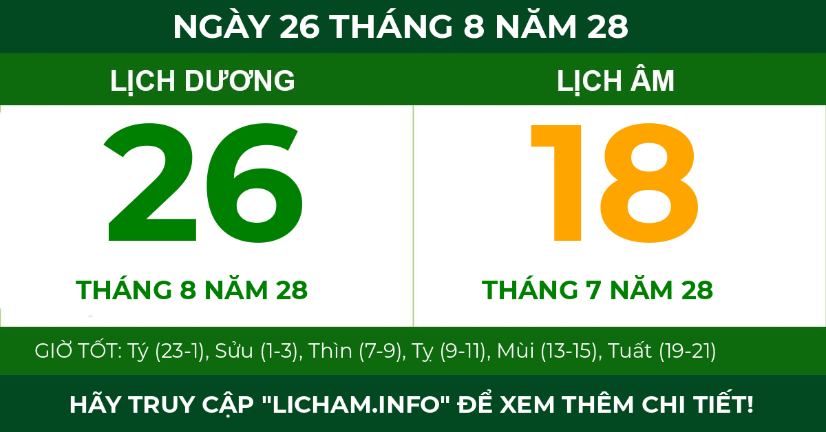 lịch âm ngày 26 tháng 8 năm 28