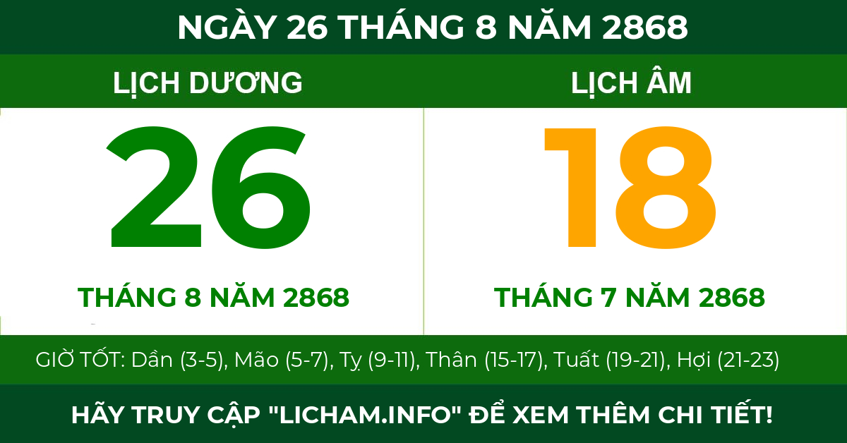 lịch âm ngày 26 tháng 8 năm 2868