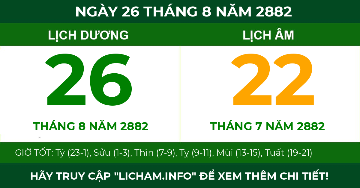 lịch âm ngày 26 tháng 8 năm 2882