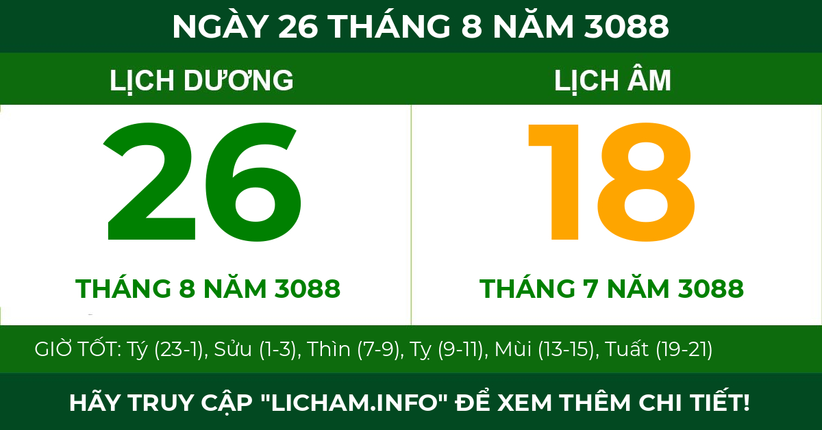 lịch âm ngày 26 tháng 8 năm 3088