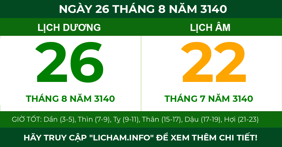 lịch âm ngày 26 tháng 8 năm 3140