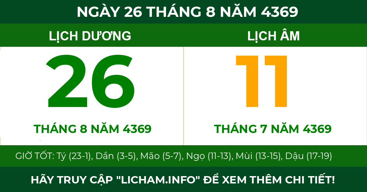 lịch âm ngày 26 tháng 8 năm 4369