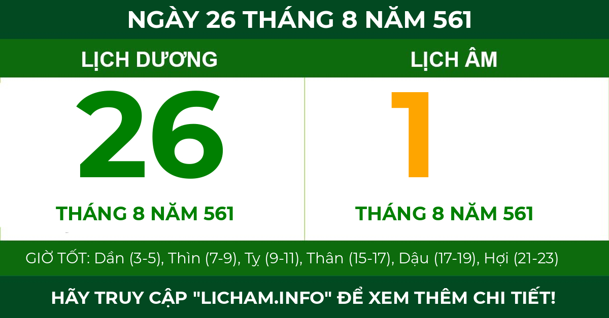 lịch âm ngày 26 tháng 8 năm 561