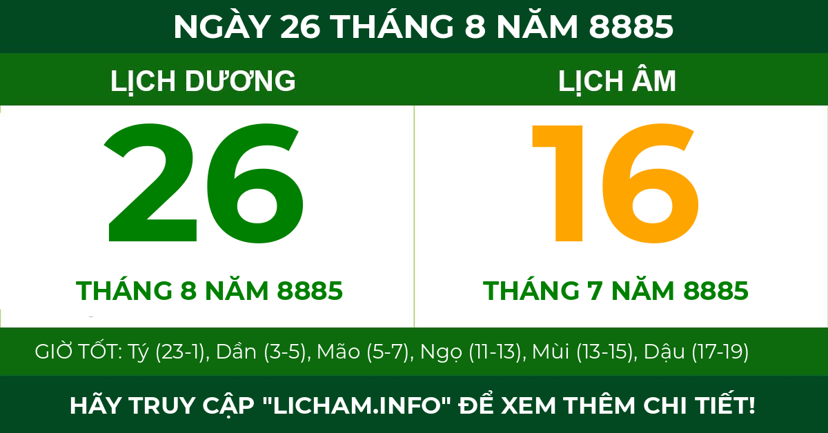lịch âm ngày 26 tháng 8 năm 8885